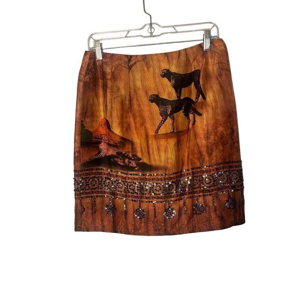 Vintage 100% Silk Cheetah and Jaguar Desert Print Sequin Mini Skirt Size 10 Peti